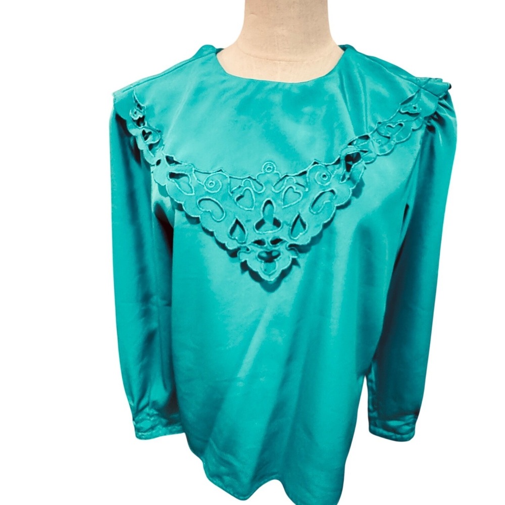 Nilani Teal Satin Cutout‎ Collar Long Sleeve Blouse Top Vintage 6 Retro 80s-90s